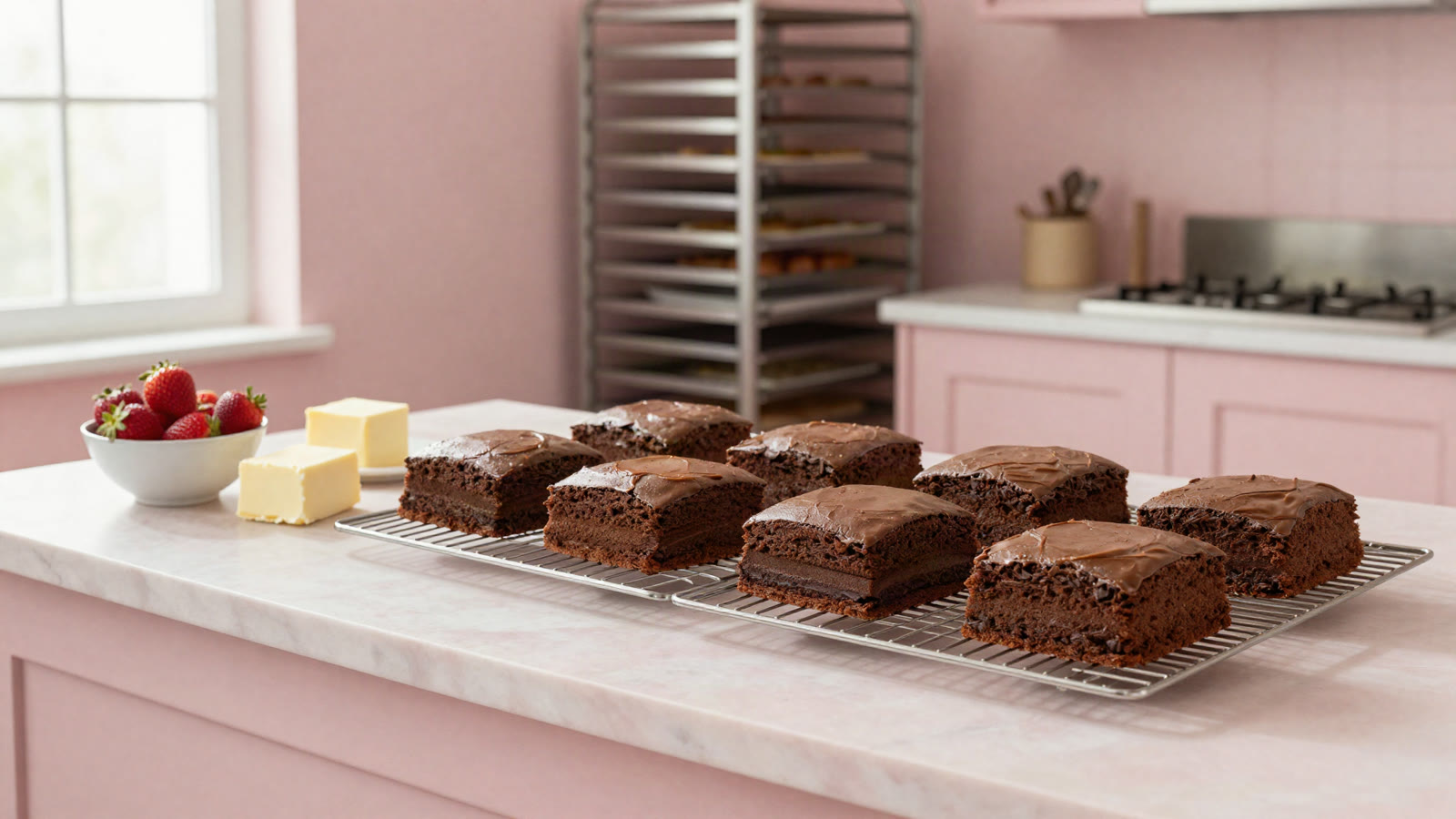 Capas de torta de chocolate enfriándose junto a fresas y mantequilla