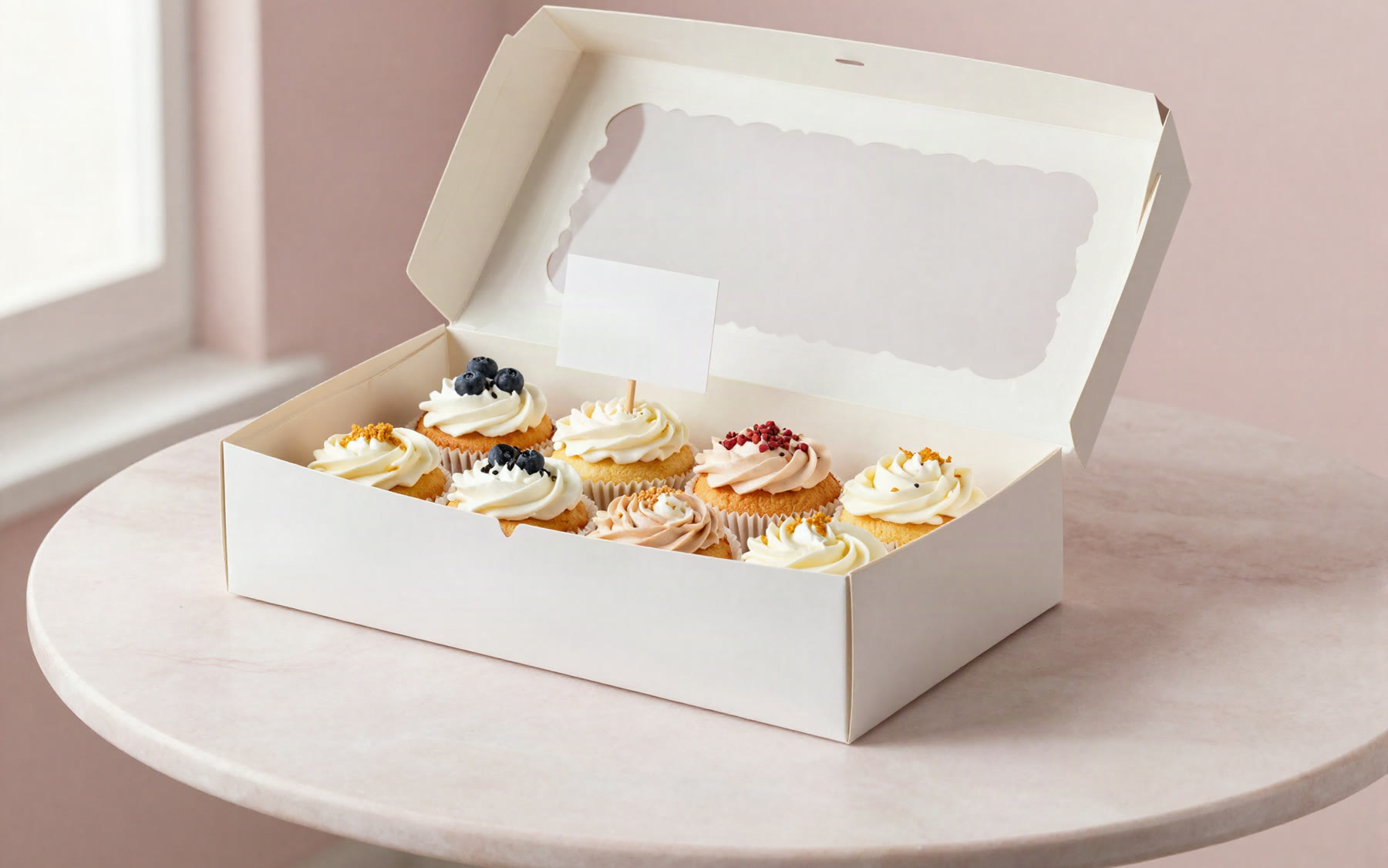 Caja abierta con doce cupcakes